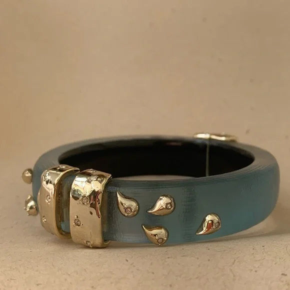 ALEXIS BITTAR • NEW Hand Carved Painted Hinged Paisley Studded Crumpled Bracelet - Picture 7 of 12